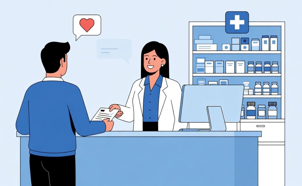 Illustration of a pharmacist handing a prescription to a patient at the pharmacy counter